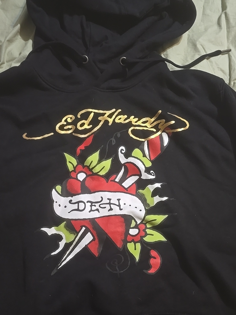 Ed Hardy Black Sweatshirt with Red, Green & Gold Tattoo Heart Graphic